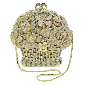 Luxury gold hollow flower basket evening clutch bag with champagne crystals and chain strap