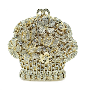 Exquisite close-up of golden flower basket evening bag with dense crystal rhinestones