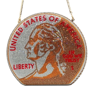 Detailed view of round dollar coin evening bag with colorful crystals and gold chain