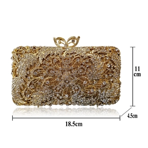 Golden bridal clutch with sparkling rhinestones and butterfly clasp, size 18.5x11x4.5cm