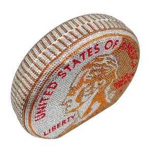 Detailed view of luxury round dollar coin evening bag with colorful rhinestone embellishments