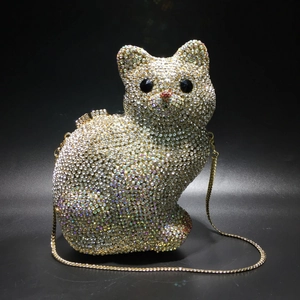 Sac de Soirée de Luxe en Forme de Chat avec Strass Pochette en Métal Creux en Cristal pour Femme Mariage Fête Sac à Main avec Chaîne