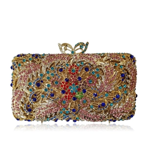 Luxury metal clutch with colorful rhinestones and butterfly clasp in floral pattern