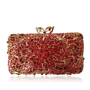 Elegant red crystal flower evening clutch bag with gold butterfly metal clasp for women