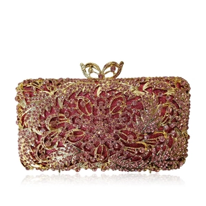 Luxury pink crystal evening clutch bag with gold hollow floral metal and bow clasp
