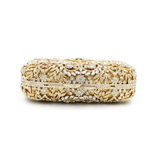 Luxurious gold hollow metal evening clutch bag with sparkling rhinestones floral pattern