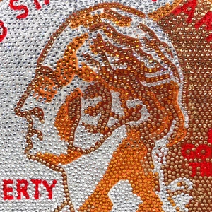 Macro detail of high-density crystal rhinestones forming a dollar coin pattern on the bag