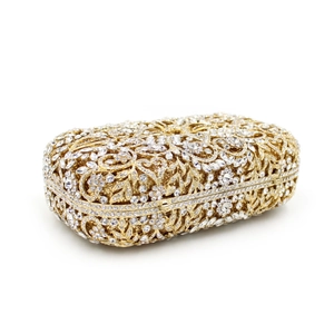 Luxurious gold hollow metal clutch bag with crystal floral pattern for evening events