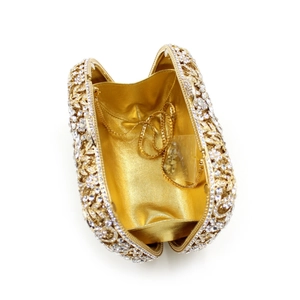 Luxury gold hollow metal clutch bag with rhinestones and detachable chain strap