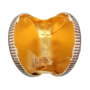 Detail view of rhinestone evening bag with gold lining and detachable metal chain strap