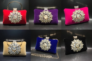 Detailed six-color selection of velvet evening bags with sparkling floral rhinestone accents
