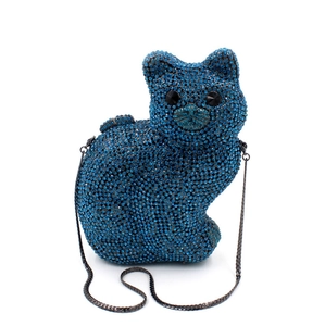 Vue détaillée de la pochette chat en cristal bleu ornée de strass étincelants