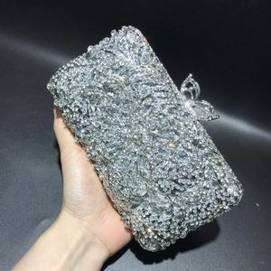 Detailed view of silver crystal evening bag with floral patterns and butterfly clasp