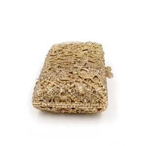 Elegant gold hollow metal evening clutch with floral crystal rhinestones and metal clasp