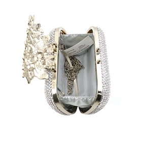 Internal view of the silver rhinestone evening bag with chain and satin lining