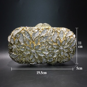 Detailed dimensions of crystal floral evening clutch measuring 19.5cm x 11cm x 5cm