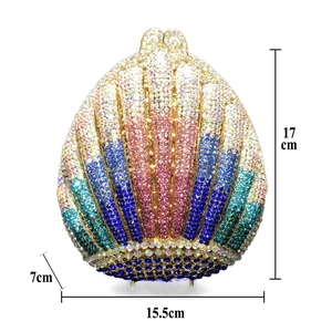 Shell-shaped evening bag with gradient crystals, sized 17cm by 15.5cm by 7cm