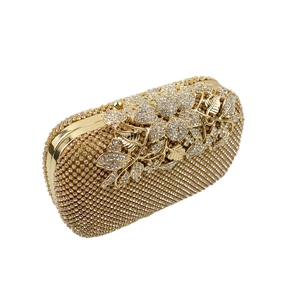 Luxury leaf and flower crystal evening clutch bag with golden metal frame and sequins