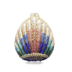 Elegant shell-shaped evening clutch bag with colorful rhinestones and metal closure