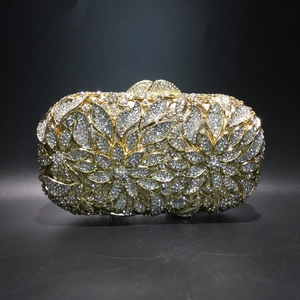 Luxurious gold floral hollow out evening clutch bag with sparkling crystal rhinestones