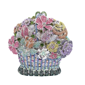 Sparkling crystal encrusted flower basket evening clutch bag with multi-color floral pattern