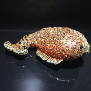 Detailed view of handmade goldfish evening clutch bag with multicolored rhinestones