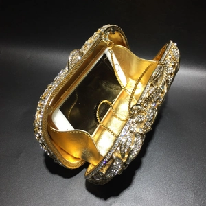 Gold luxury evening clutch bag with sparkling rhinestones and delicate floral patterns