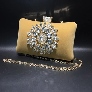 Elegant khaki velvet evening bag with large crystal sunflower buckle and gold chain
