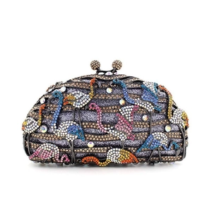 Pochette de soirée luxe flamant rose avec strass colorés et fermoir boule cristal