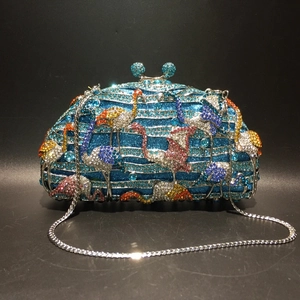 Pochette De Soirée De Luxe Strass Flamant Rose Cadre Métal Cristal Sac À Main Fête Avec Chaîne Pour Femme