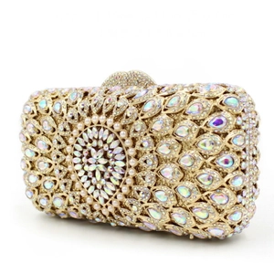 Macro detail of luxury dinner clutch featuring multicolored rhinestones and pearls