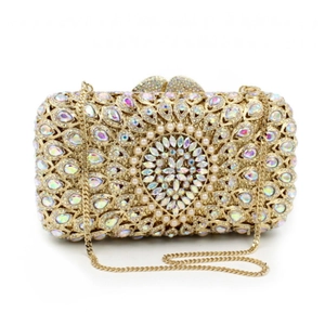 Luxury gold evening clutch with colorful crystals and pearls for women evening party