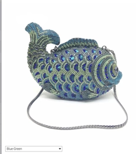 Macro view of blue-green rhinestone fish clutch showing exquisite crystal scales