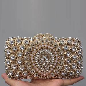 Luxury Women Evening Clutch Bag Hollow Metal Rhinestone Crystal Artificial Pearl Wedding Party Hard Shell Handbag Chain Strap