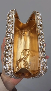 Luxury gold evening clutch bag with crystals and removable chain strap for women