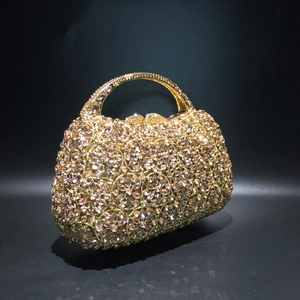 Detail der champagnerfarbenen Abendtasche mit aufwendigen floralen Strassmustern