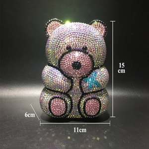 Front view of crystal teddy bear clutch with dimensions 15cm height and 11cm width