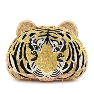 Luxury tiger head crystal evening clutch with gold rhinestones and hollow metal frame