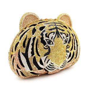 Macro shot of tiger head evening clutch featuring handcrafted sparkling crystal rhinestones