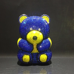 Sparkling crystal bear evening clutch bag with blue and yellow rhinestones