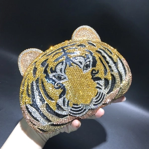 Tiger head luxury evening clutch bag with colorful rhinestones and gold metal frame