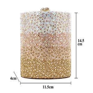 Detail showing dimensions of crystal evening bag with gradient rhinestones and spherical clasp