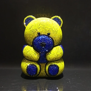 Luxury teddy bear evening clutch bag with sparkling yellow and blue rhinestones