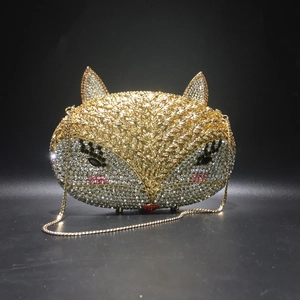 Luxury fox-shaped crystal evening clutch bag with sparkling rhinestones and chain strap