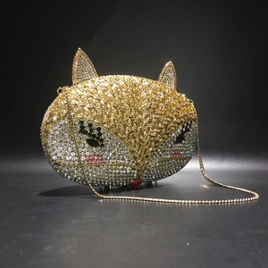 Exquisite fox shaped evening clutch with gold and silver rhinestones and chain strap