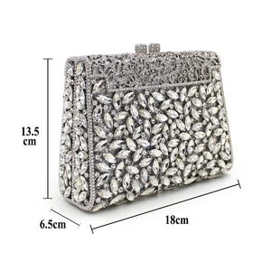 Silver rhinestone evening clutch bag showing dimensions 18cm x 13.5cm x 6.5cm