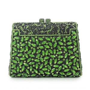 Luxury green marquise crystal evening clutch bag with emerald-shaped stones and metal frame