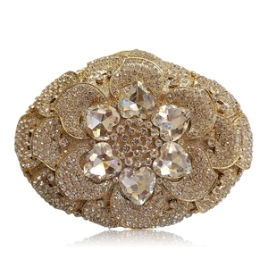 Elegant hollow metal evening clutch with champagne rhinestones and heart crystal flower