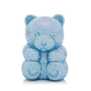 Detailed view of light blue teddy bear clutch bag with sparkling crystal rhinestones