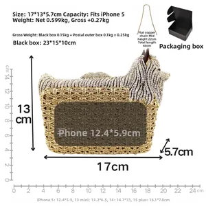 Detailed size specifications for the Yorkshire Terrier crystal clutch bag with copper chain